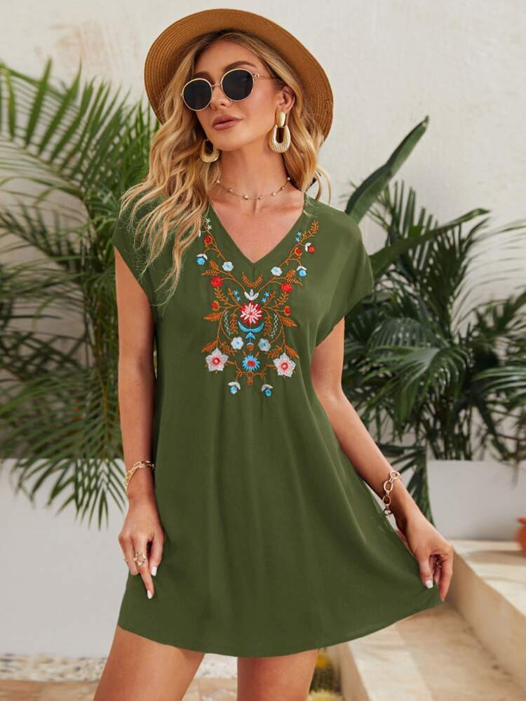SHEIN Batwing Sleeve Floral Embroidery Dress | SHEIN