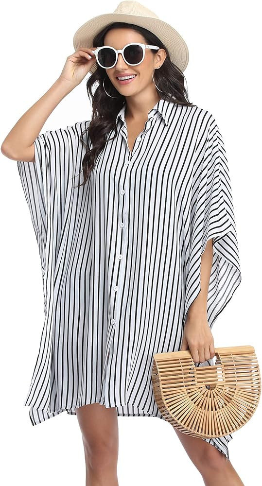 Ekouaer Women's Swimsuit Cover Up 3/4 Sleeve Beachwear Bikini Coverups Button Down Oversized Cove... | Amazon (US)