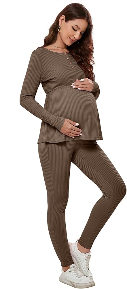 KOJOOIN Women's Maternity Sets 2 Piece Outfits Long Sleeve Rib Knit Lounge Set Adjustable Elastic... | Amazon (US)
