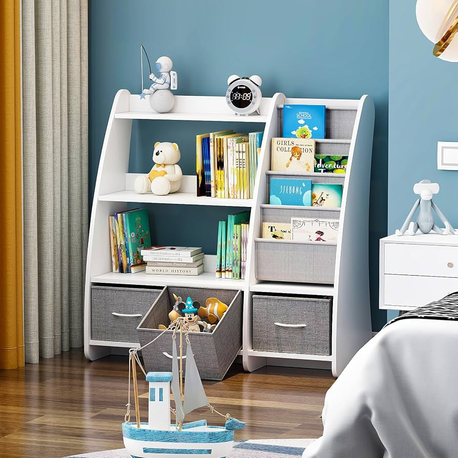White Kids Bookshelf Wood Toy Storage Organizer Cabinet Children Bookcase Toddler Baby Sling Book... | Amazon (US)