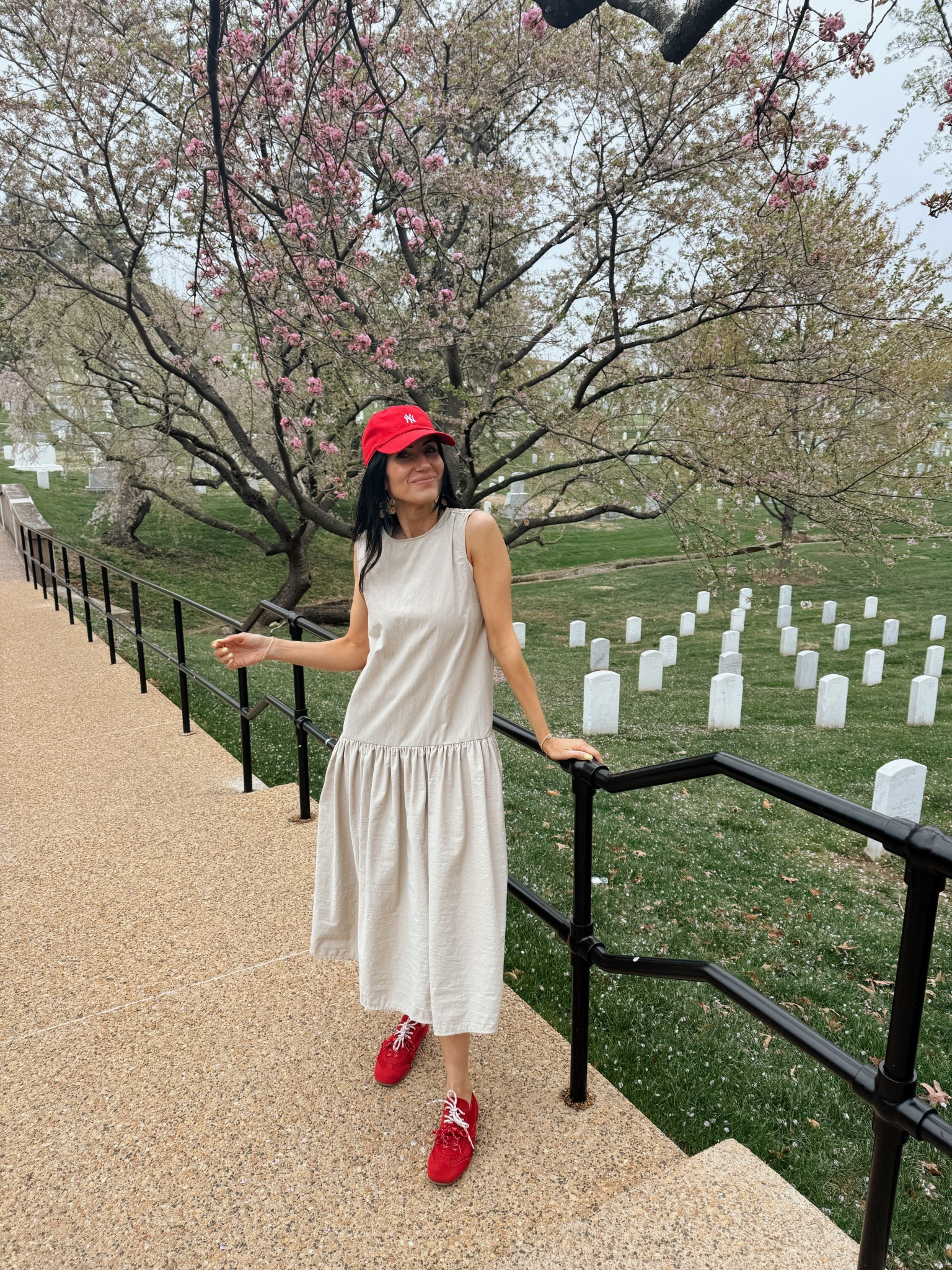 Drop waist dress with red accents. Dress is tts. Shoes also come in brown. 