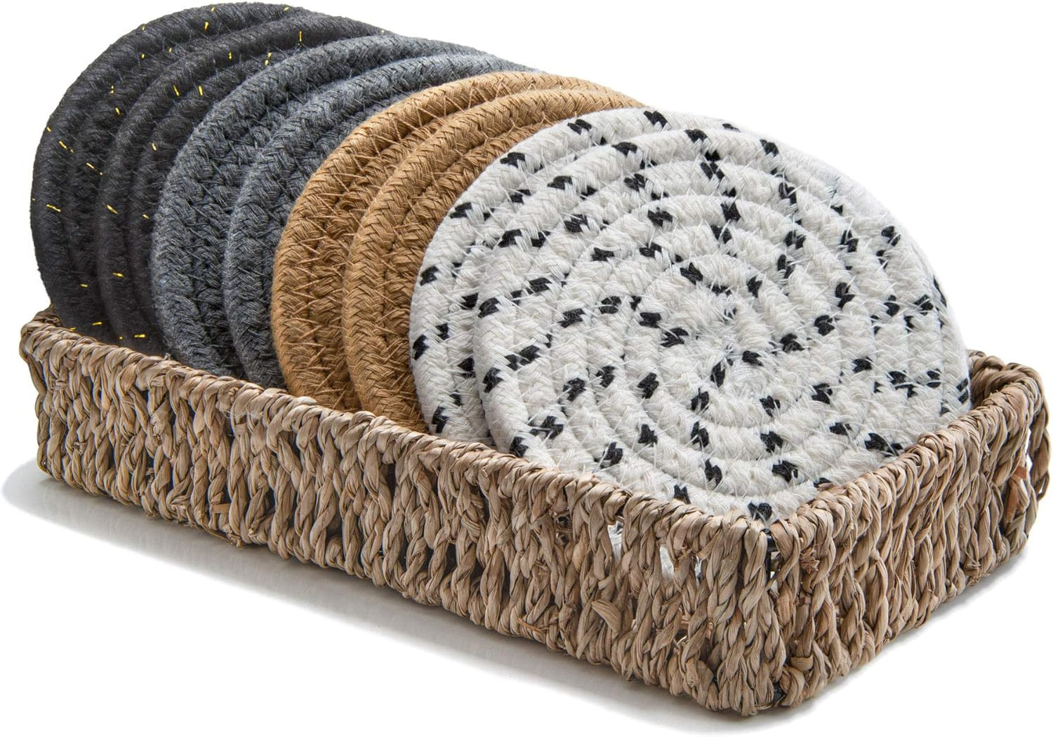 Amazon.com: Boho Drink Coasters with Seagrass Basket Holder for Storage | Set of 8 Handmade Braid... | Amazon (US)