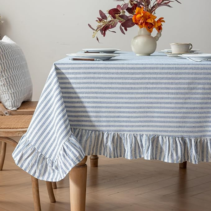 Striped Cotton Blend Tablecloth 60" × 120" Ruffled Table Cloth Washable Rectangular Fabric Table... | Amazon (US)