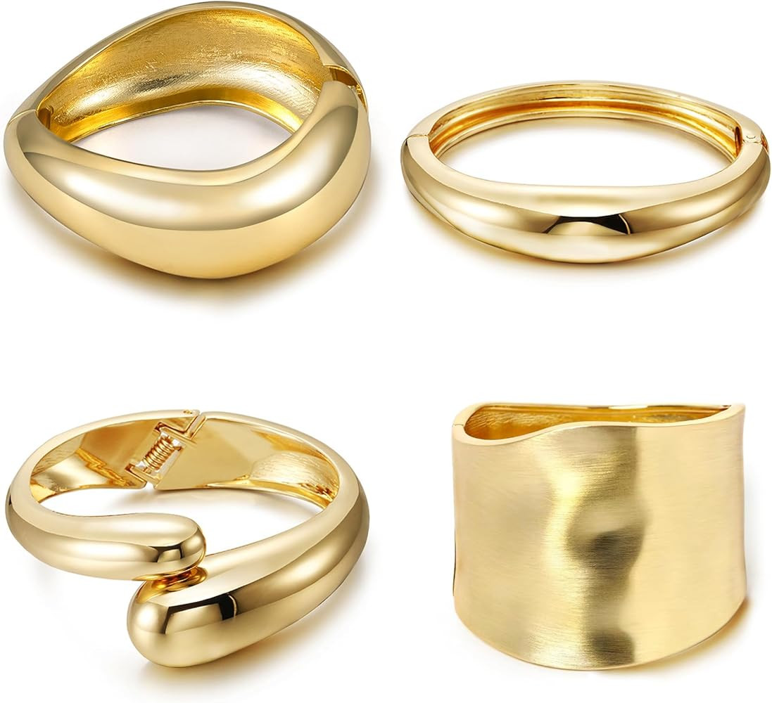 4 Pcs Women Golden Silvery Cuff Bracelet Hinged Design Bracelet Trendy Chunky Cuff Bangle Thick G... | Amazon (US)