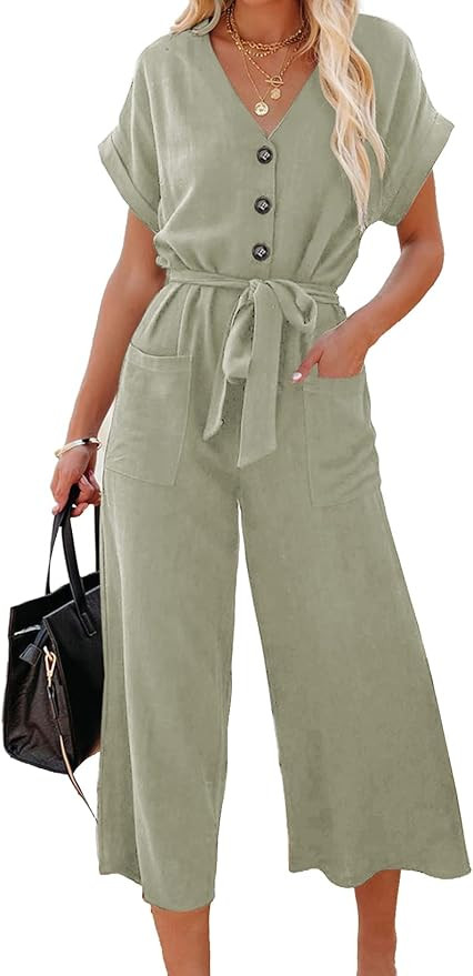 Acelitt Women Short Sleeve V Neck Button Belted Wide Leg Jumpsuits with Pockets, S-XXL | Amazon (US)