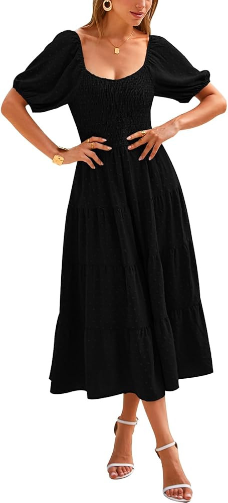 PRETTYGARDEN Women's Spring Dresses 2025 Puff Sleeve V Neck Swiss Dot High Waist Chiffon Dress Ti... | Amazon (US)