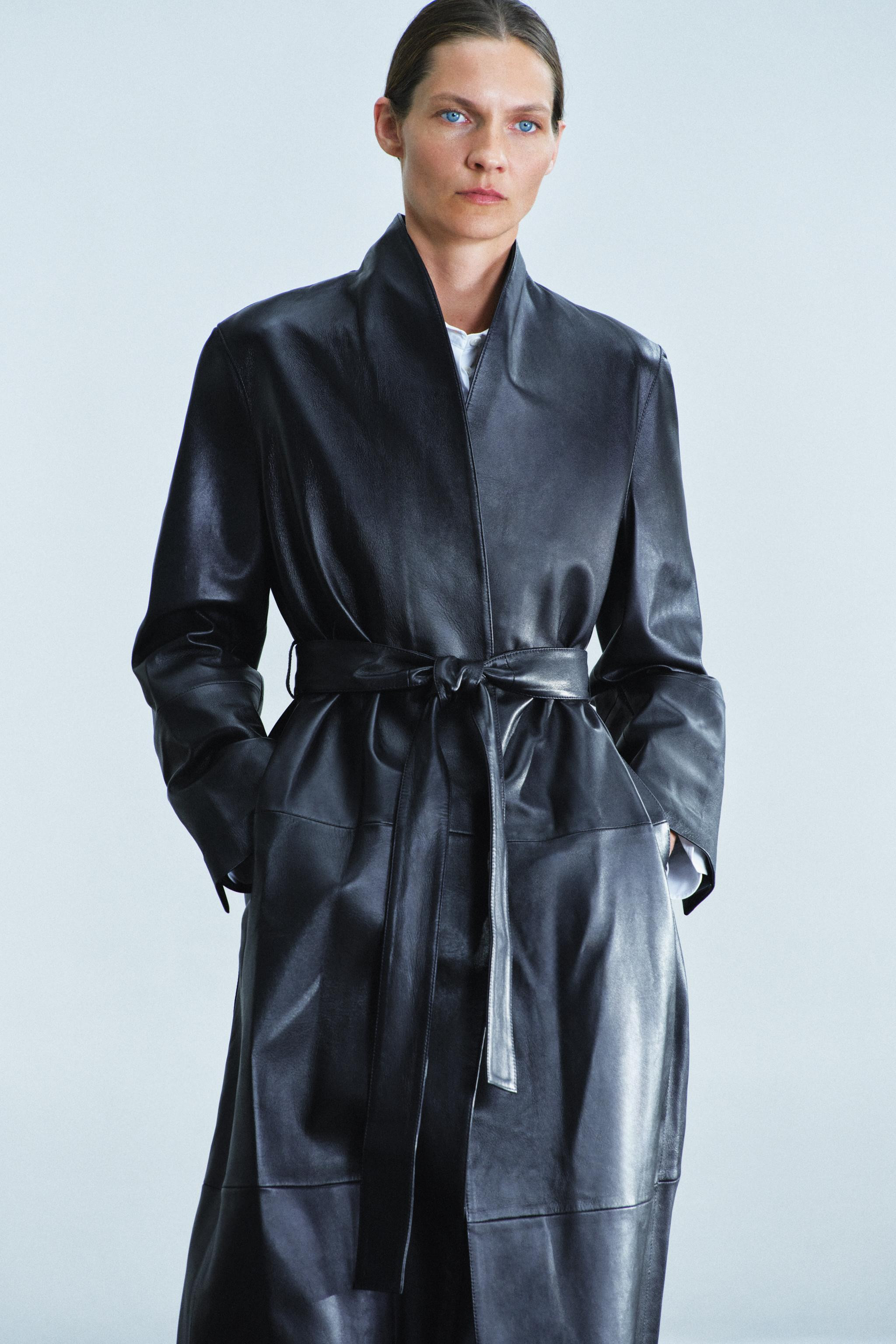 ZW COLLECTION 100% LEATHER BELTED LONG COAT | Zara US