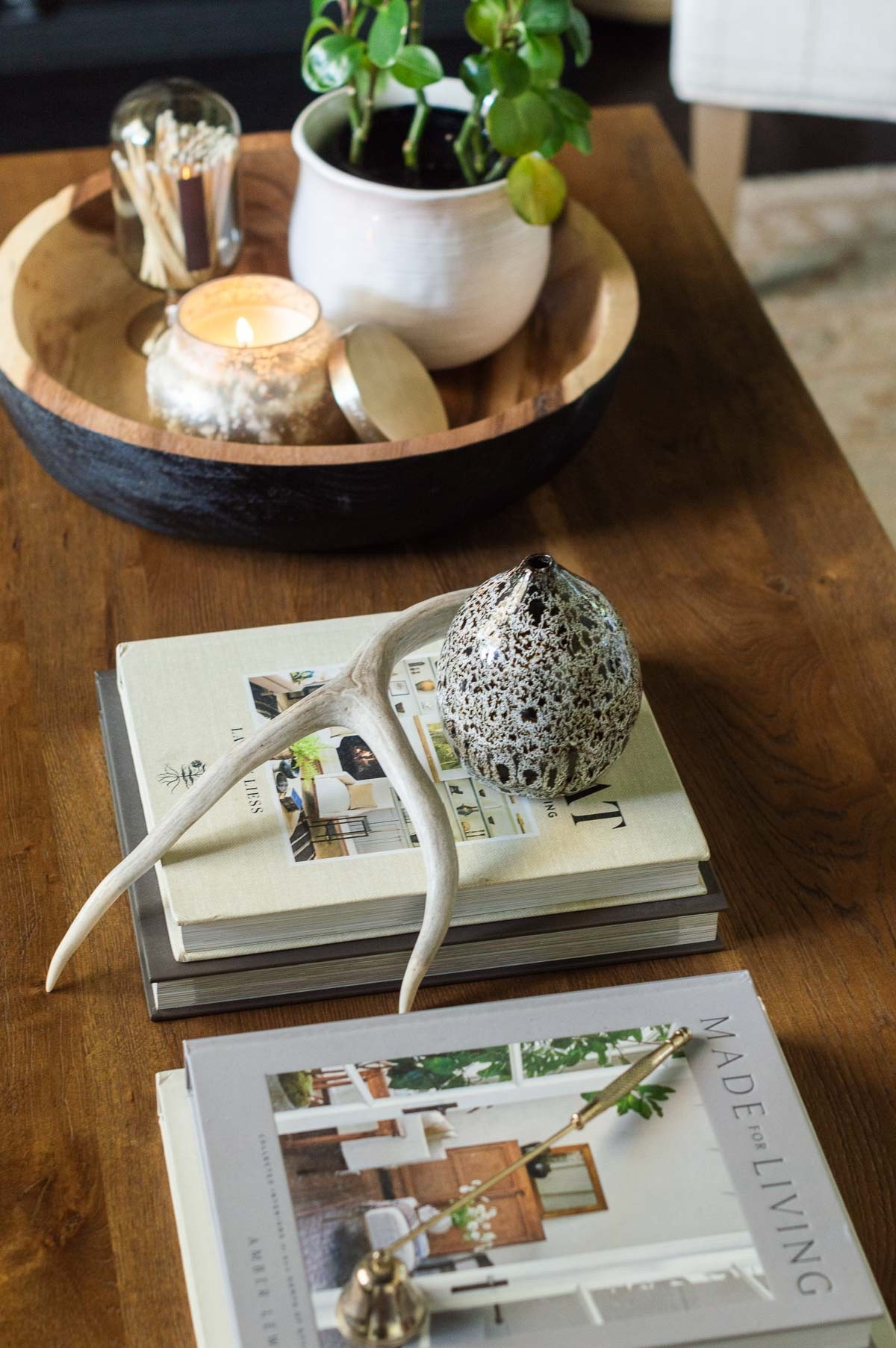 I like to keep my coffee table styling simple and display only a few items that are pretty and functional, like this scented candle and candle snuffer. The antler was a favorite find from a trip out west. home decor accessories living room decor coffee table books#LTKStyleTip 

#LTKHome #LTKFindsUnder50