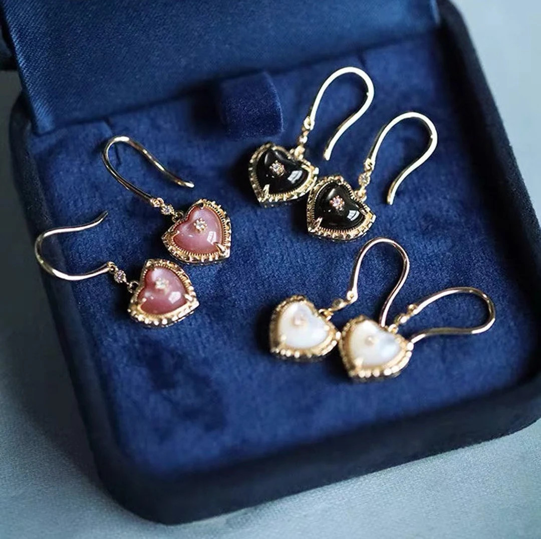 Christmas Gifts for Lovers, Heart Dangle Drop Earrings, Dainty Heart Earrings, Mother of Pearl He... | Etsy (US)