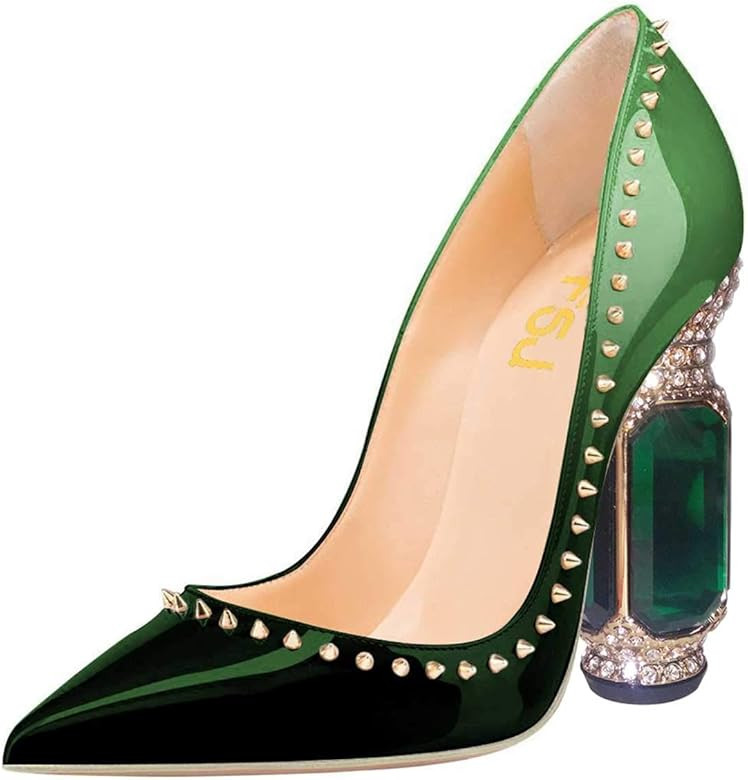 FSJ Women Bridal Pointed Toe Chunky Block High Heel Crystal Pumps Slip on Wedding Thick Comfort E... | Amazon (US)