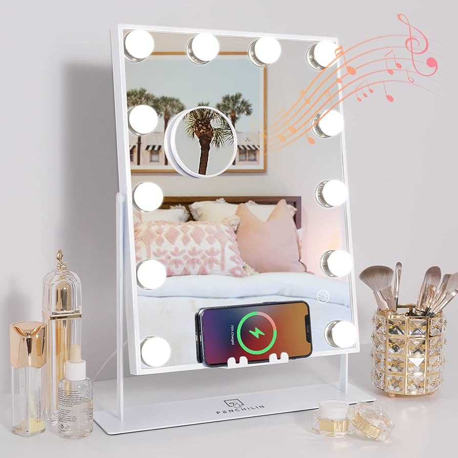 FENCHILIN White Vanity Mirror with Lights Wireless Charger Bluetooth Speaker Hollywood Makeup Mir... | Amazon (US)