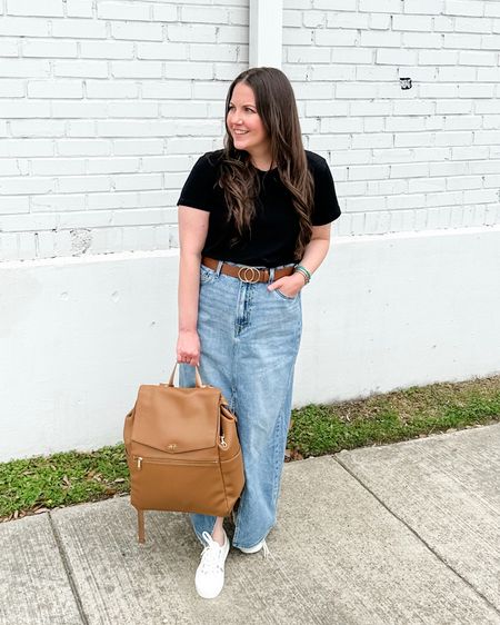 Spring outfit / denim maxi skirt / white sneakers (tts) / black short sleeve tee / brown belt / mom fashion / petite fashion 

#LTKover40 #LTKSeasonal #LTKfindsunder100