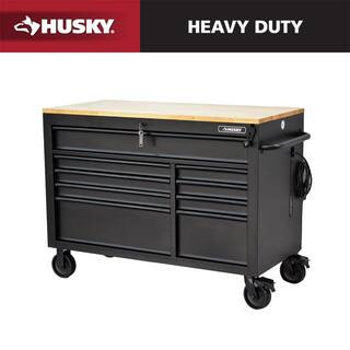 52 in. W x 25 in. D Heavy Duty 9-Drawer Mobile Workbench Cabinet with Adjustable-Height Hardwood Top in Matte Black | The Home Depot