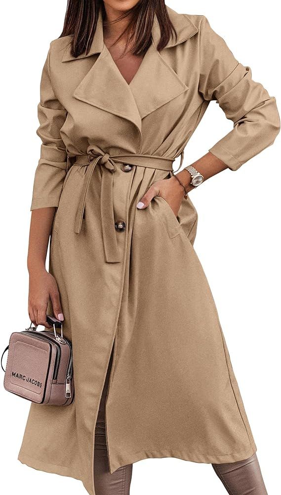 KIRUNDO Women's Trench Coat Long Double-Breasted Spring Fall Fashion 2024 Classic Lapel Overcoat ... | Amazon (US)