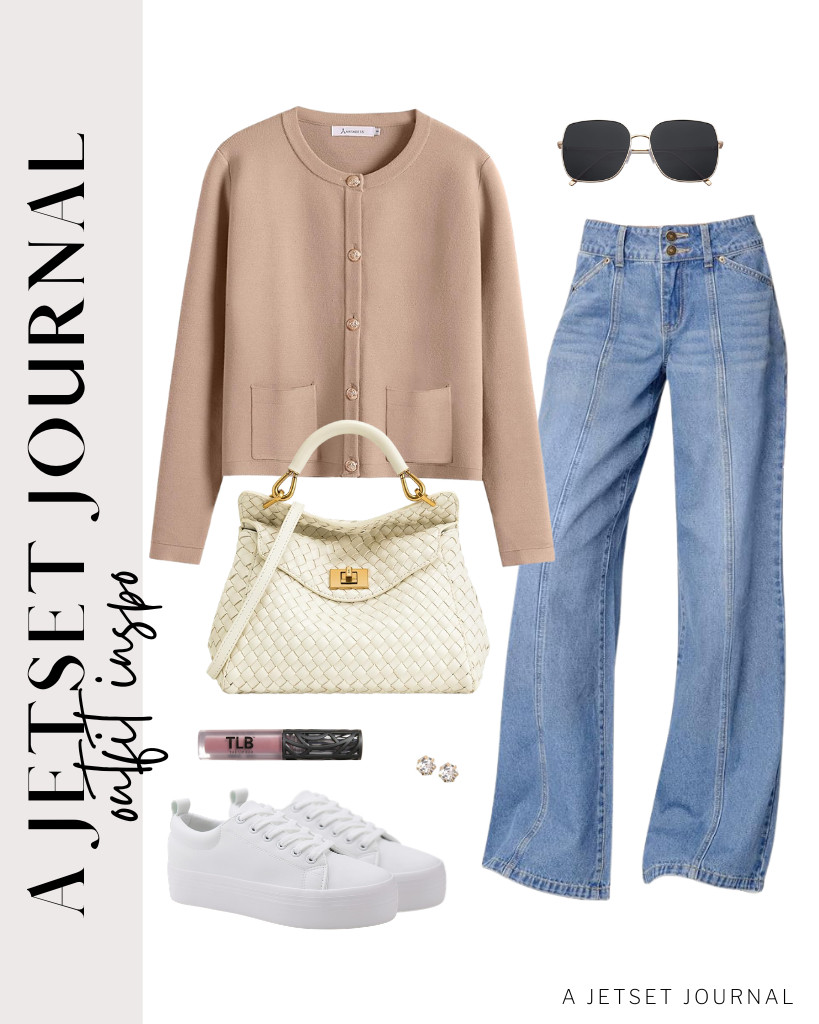 I paired a khaki button-down cardigan with Sidefeel’s wide-leg denim pants for the next outfit idea. You can use this top-handle bag and swipe on this liquid matte lipstick from The Lip Bar to finish the look. 

 #LTKSeasonal #LTKSaleAlert #LTKTravel