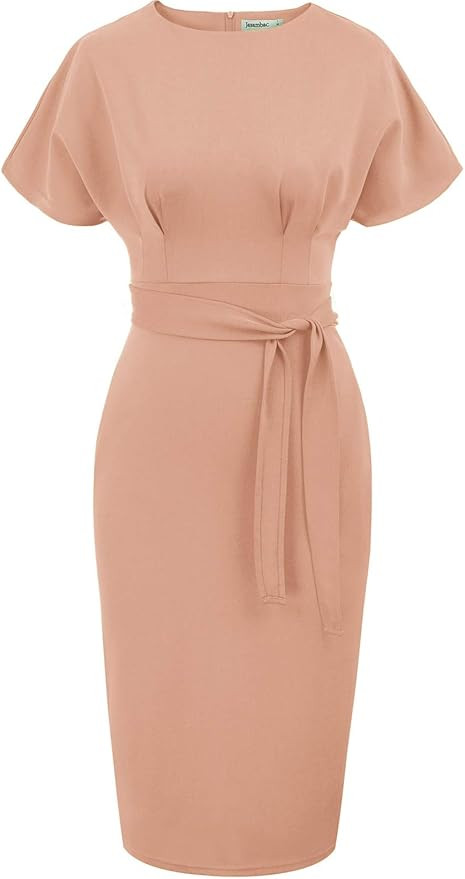 JASAMBAC Women's Bodycon Pencil Dress Office Wear to Work Dresses with Pocket Belt | Amazon (US)