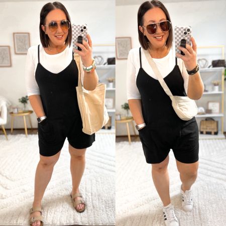 The best romper for spring and summer but styled for those of us who don’t like to have our chest and arms hanging out!  Large in the romper.  Could also do an xl for more room. XL elbow sleeve tee. Sneakers and sandals run tts  

#LTKSeasonal #LTKmidsize #LTKfindsunder50