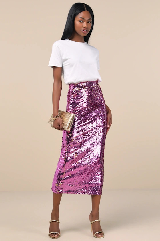Dazzling Appearance Pink Sequin High Rise Midi Skirt | Lulus