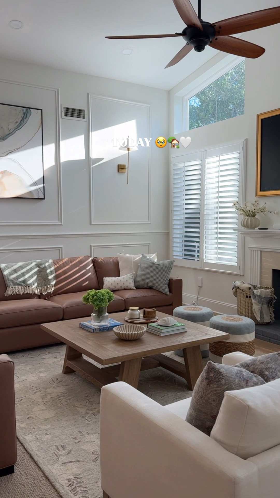 Ash’s living room transformation!! Obsessed with this cozy, neutral space ☁️🥰 couch is in Libby Mushroom Leather! 