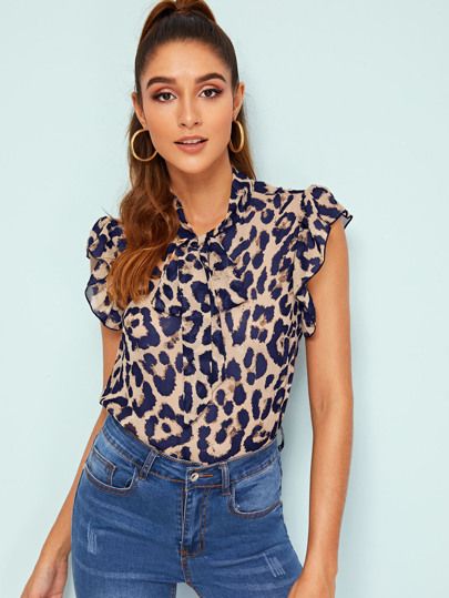 SHEIN Tie Neck Leopard Print Top | SHEIN