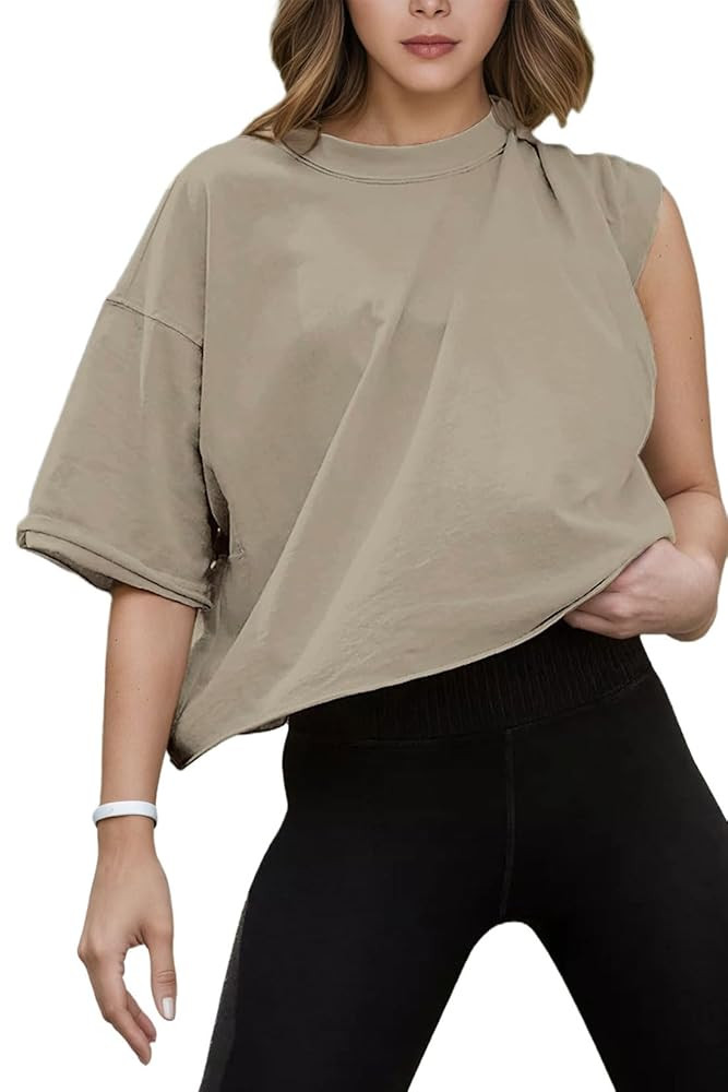 Women's Oversize Workout Crop Tops Casual Short Sleeve Drop Shoulder Boxy T-Shirts Roll Hem Basic... | Amazon (US)