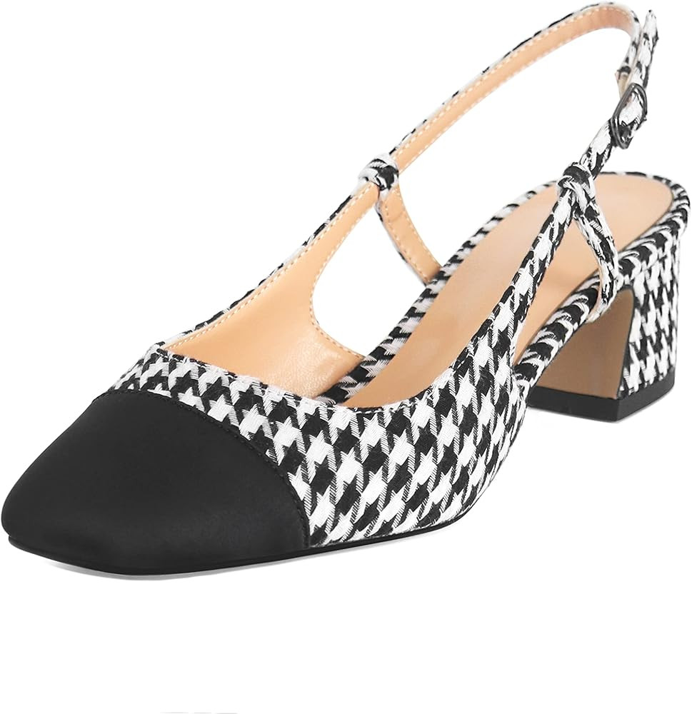 Eldof Women's Block Heel Pumps, Square Toe Slingback Heels with Adjustable Strap, Low Heeled Dres... | Amazon (US)