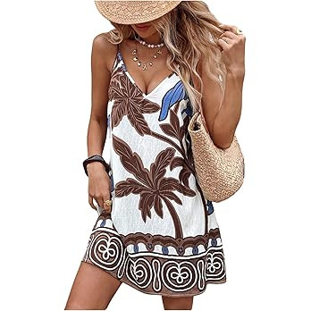 SOLY HUX Women's Summer Boho Printed Mini Dress V Neck Spaghetti Strap Flowy Vacation Cami Dresse... | Amazon (US)
