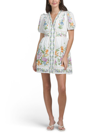 Puff Sleeve Floral Bordered Mini Dress | TJ Maxx