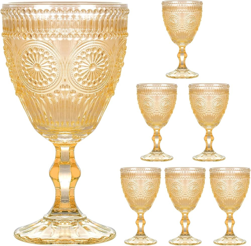 Vintage Wine Glasses Set of 6, 10 oz Glass Goblets Wine Glassware, Romantic Wedding Glass Set, Em... | Amazon (US)