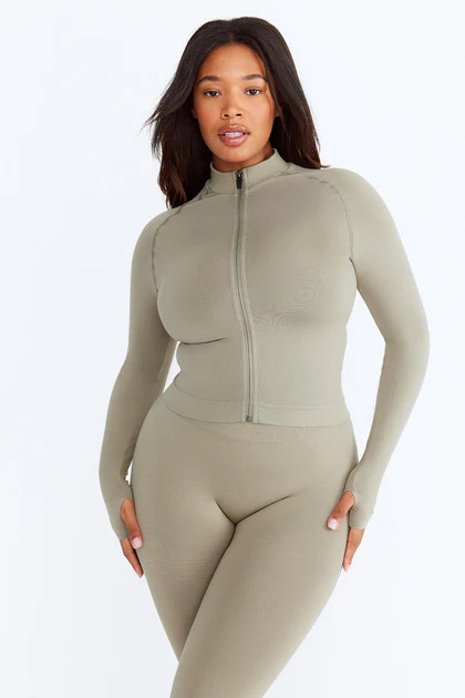 SCULPT SEAMLESS MOCK NECK ZIP THROUGH JACKET-  OLIVE MARL | TALA (UK)