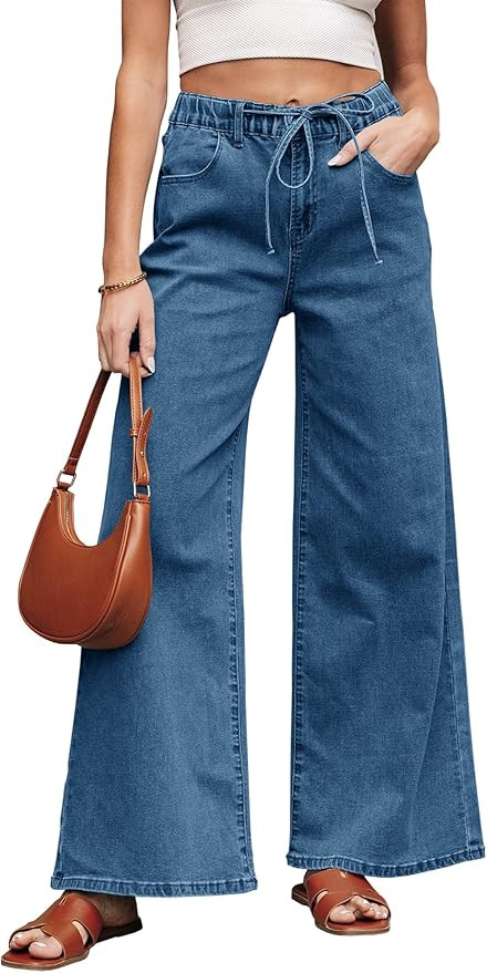 Women's Wide Leg Jeans Trendy High Waisted Stretchy Jeans with Drawstring Elastic Waist Denim Pan... | Amazon (US)