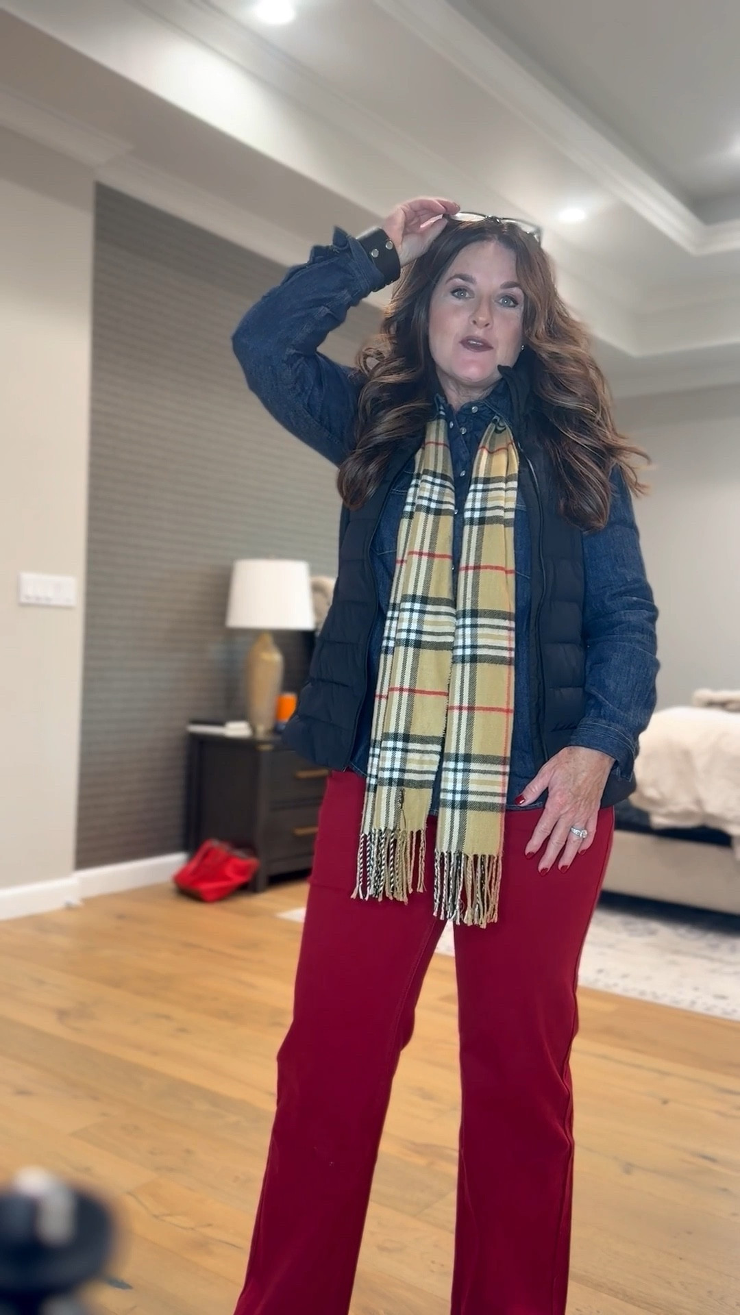 Great fall outfit featuring denim, colored denim and a Burberry inspired scarf (under $20)
Perfect for Thanksgiving outfit too!
I’ve had this Lululemon vest for a couple of years. Wears and washes like iron!  Puffy without being bulky and gives a slim silhouette. Worth the money for sure!

#LTKTravel #LTKFindsUnder50 #LTKSeasonal