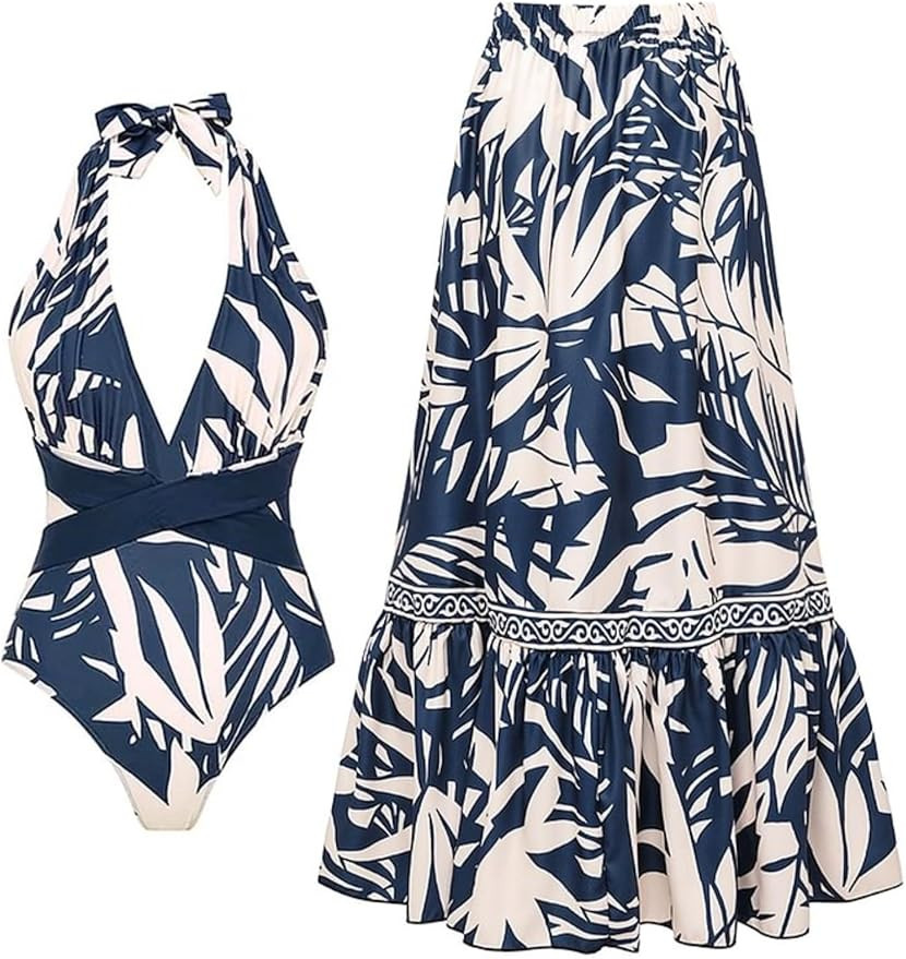 FLAXMAKER Women's One Piece V-Neck Adjustable Halter Leaf Print Bathing Suit Swimsuit and Skirt/P... | Amazon (US)