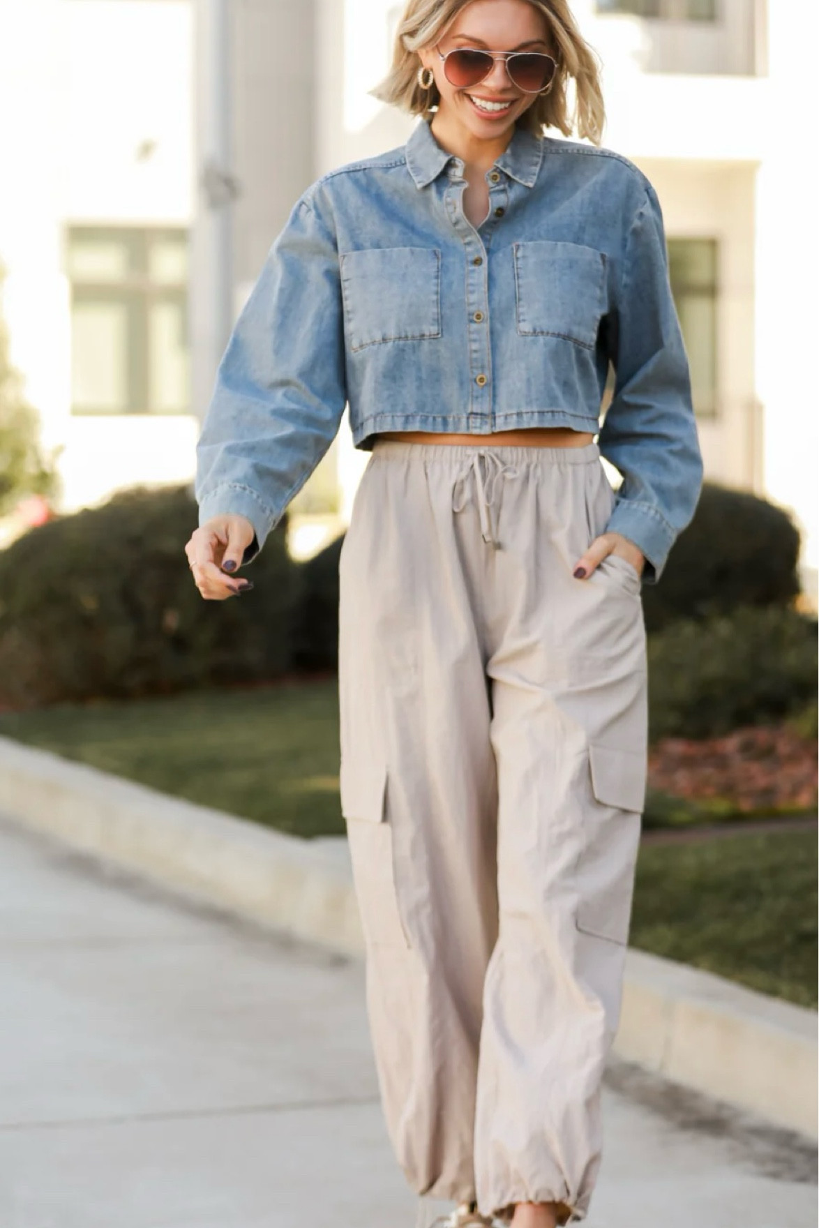 Cropped button down. Denim top. Cargo pants. Sneakers. Casual outfit. Sunglasses. Dress Up. 

#LTKfindsunder100 #LTKshoecrush #LTKstyletip