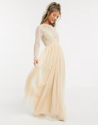 ASOS DESIGN embellished bodice maxi dress with tulle skirt in soft beige | ASOS | ASOS (Global)