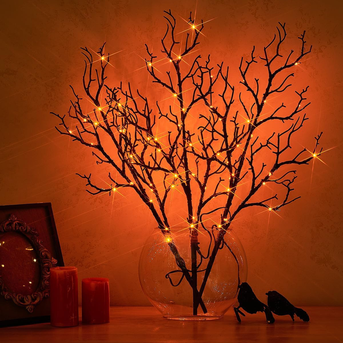 Fudios Lighted Halloween Branches with Timer Orange Fairy Lights 21IN 75L,Battery Operated Black Twig Branch Lights Indoor Outdoor Use for Halloween Party Decoration | Amazon (US)