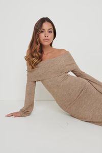 Soreya Bardot Soft Knit Dress - Brown Marl | Pretty Lavish (UK)