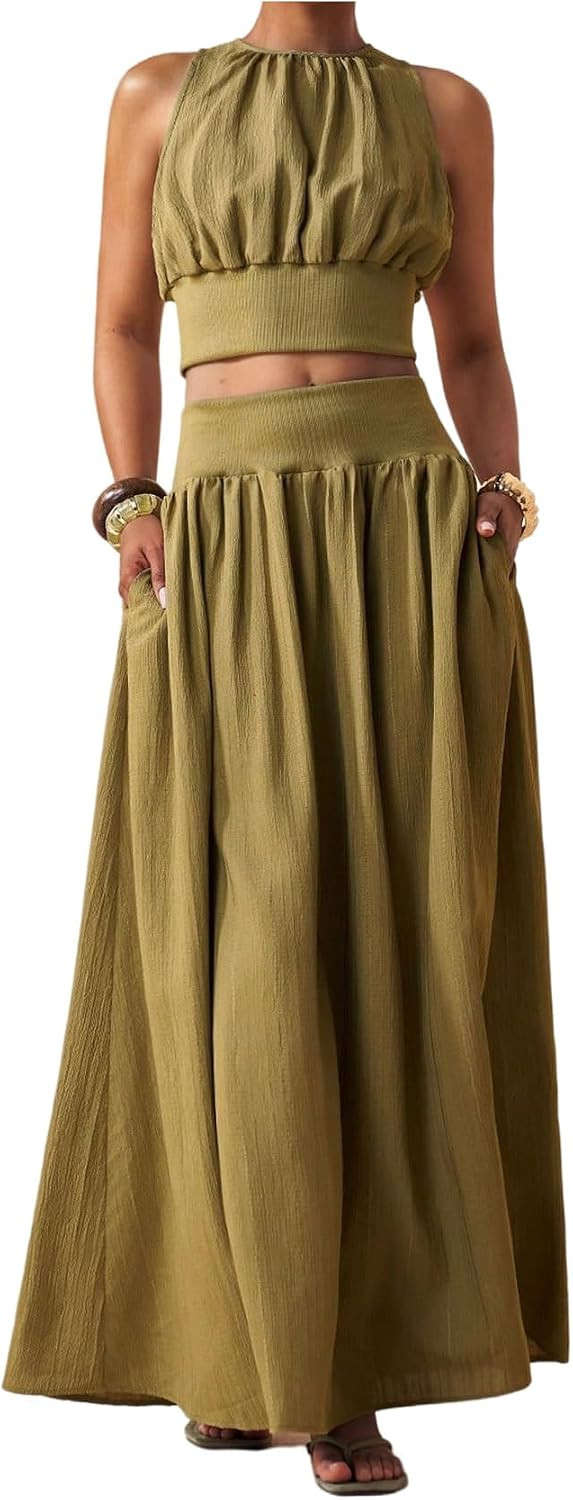 Milumia Women's Two Piece Maxi Skirt Set Ruched Cropped Tank Top Long Skirts with Pockets | Amazon (US)