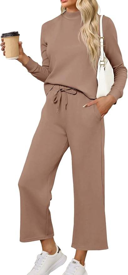 Tankaneo - Conjunto de 2 piezas para mujer, con cuello redondo y manga larga, pantalones de piern... | Amazon (US)