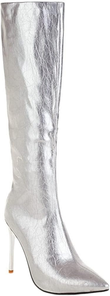 Women Knee High Boots Pointed Toe Warm Plush Vintage Party Leather Boots Stiletto Fashion Long Boots | Amazon (US)