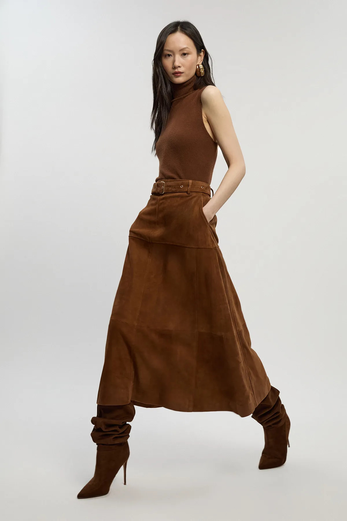 Skirts | Suede Utility Belted Full Midi Skirt | KarenMillen | Karen Millen UK + IE + DE + NL