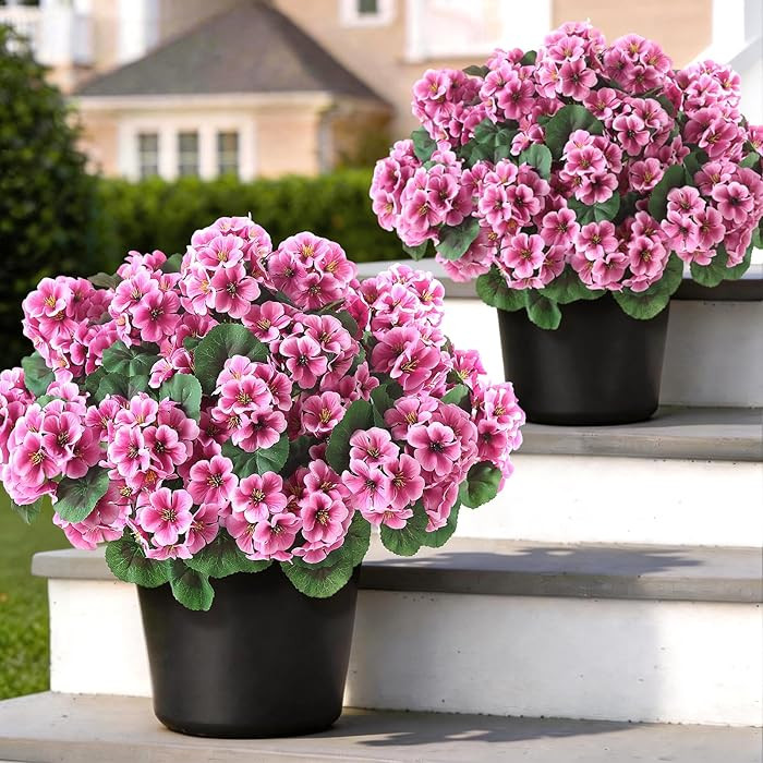 2 Pack Artificial Geranium Flowers Topitary Trees for Outdoors, UV Resistant Geraniums Potted Bus... | Amazon (US)