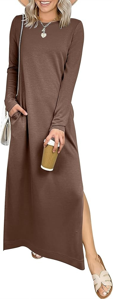 ANRABESS Women Long Sleeve Dresses 2025 Fall Casual Crewneck Loose Fit Split Flowy Wrinkle-Free T... | Amazon (US)