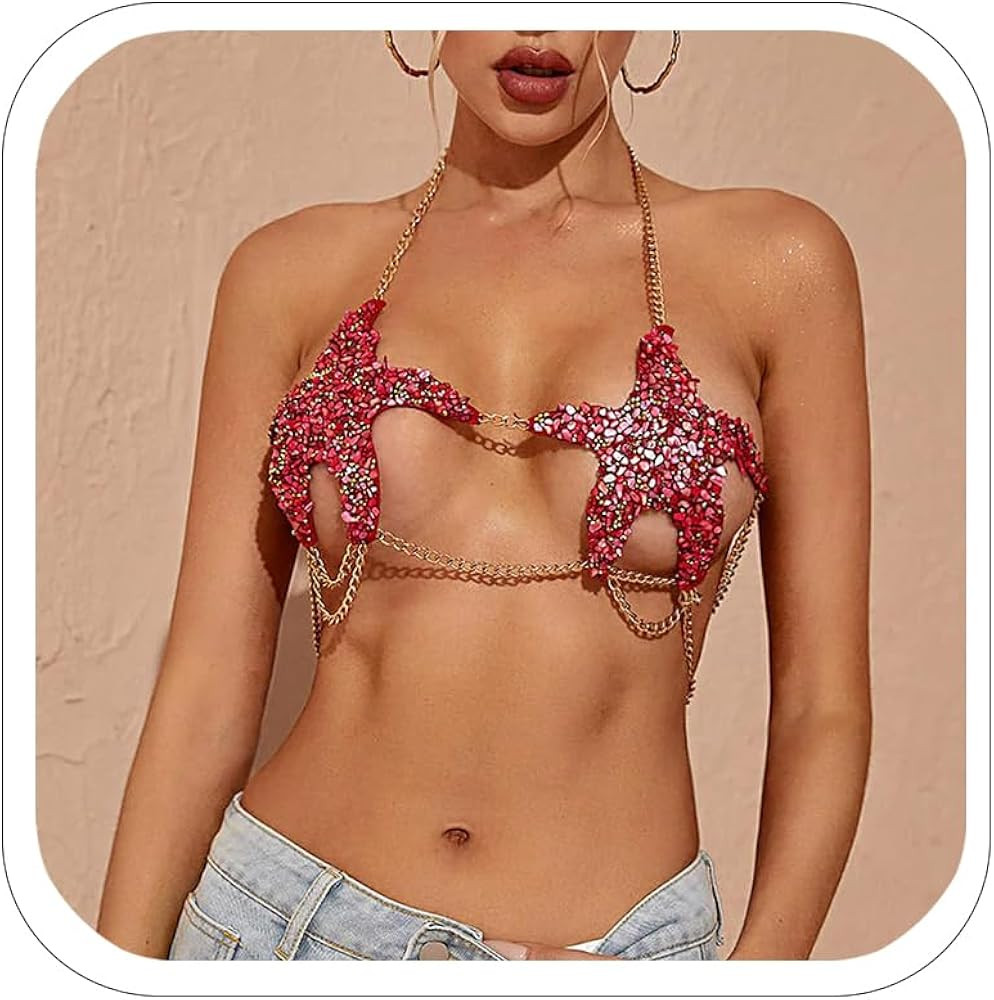 Pink Mermaid Rhinestone Starfish Bra Body Chain Top Carnival Crystal Chest Harness Sexy Body Jewe... | Amazon (US)