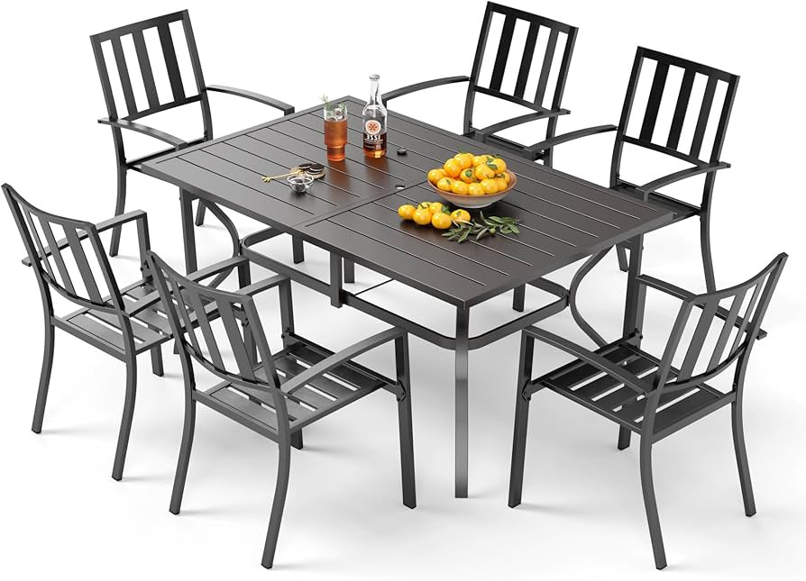 PHI VILLA 7 Piece Outdoor Dining Set for 6, 60” Rectangular Metal Steel Dining Table with Umbre... | Amazon (US)