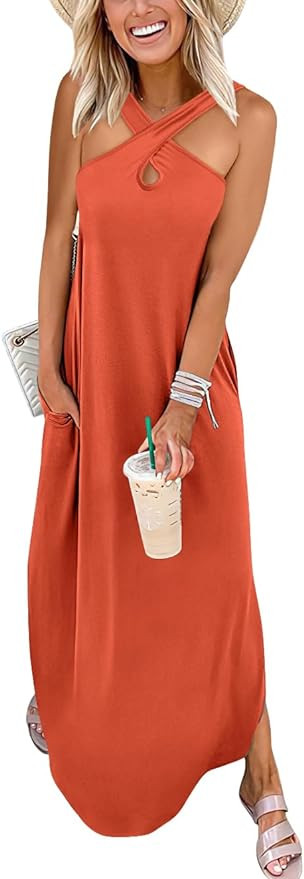 ANRABESS Women’s Casual Summer Maxi Dress Criss Cross Slit Side Sleeveless Loose Beach Long Sun... | Amazon (US)