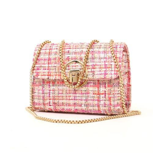 DFJXXX Women Tweed Small Shoulder Bag Handbag and Purse Fashion Ladies Chain Quilted Crossbody Bag Evening Bag Clutch (Pink-2) | Amazon (US)