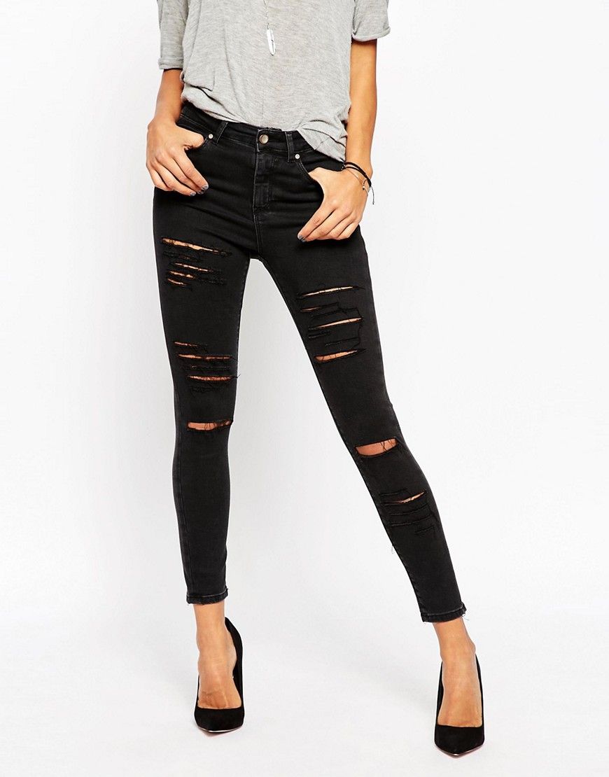 ASOS Ridley Skinny Ankle Grazer Jeans In Washed Black With Extreme Rips | ASOS US