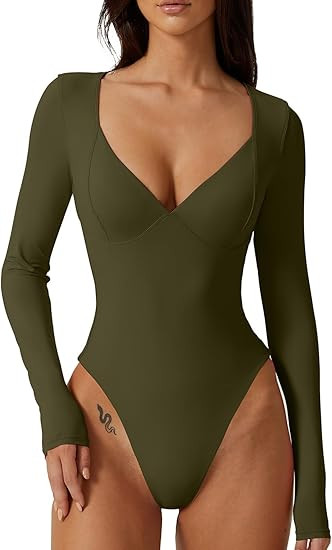 QINSEN Women's Long Sleeve Bodysuit V Neck Body Suits Seamed Cup Going Out Tops Shirt | Amazon (US)