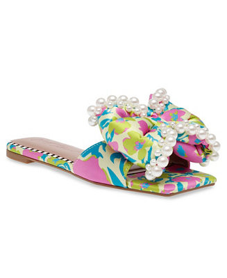 Betsey Johnson Women's Liah Pearl-Embellished Bow Slide Sandals - Macy's | Macy's